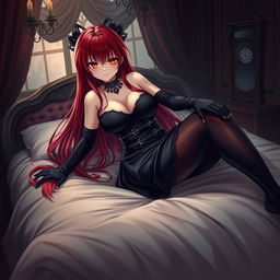 An enchanting gothic anime girl with long, flowing red hair and an impressively voluptuous figure, pinning you playfully on a plush bed