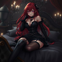 A captivating gothic anime girl with long, flowing red hair and an alluringly voluptuous figure, playfully pinning you down on a lavish bed