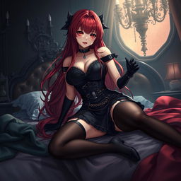 A captivating gothic anime girl with long, flowing red hair and an alluringly voluptuous figure, playfully pinning you down on a lavish bed
