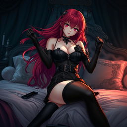 A captivating gothic anime girl with long, flowing red hair and an alluringly voluptuous figure, playfully pinning you down on a lavish bed