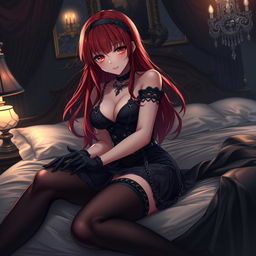 A captivating gothic anime girl with long, flowing red hair and an alluringly voluptuous figure, playfully pinning you down on a lavish bed
