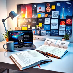 A well-lit, motivational workspace featuring a modern desk with high-tech gadgets inspired by Elon Musk's daily habits