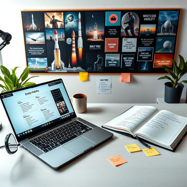 A well-lit, motivational workspace featuring a modern desk with high-tech gadgets inspired by Elon Musk's daily habits