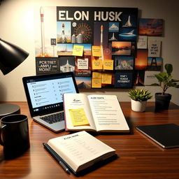 A well-lit, motivational workspace featuring a modern desk with high-tech gadgets inspired by Elon Musk's daily habits