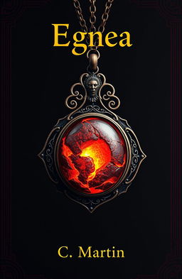 An elegant and antique pendant hangs against a deep black background adorned with fine burgundy lines forming arcane patterns