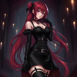 A mesmerizing gothic anime girl with long, flowing red hair cascading beautifully around her voluptuous figure