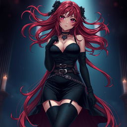 A mesmerizing gothic anime girl with long, flowing red hair cascading beautifully around her voluptuous figure
