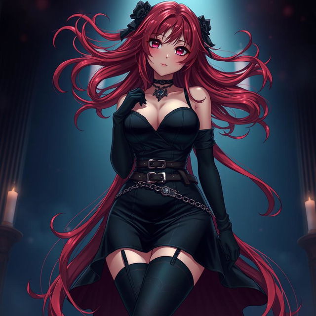 A mesmerizing gothic anime girl with long, flowing red hair cascading beautifully around her voluptuous figure
