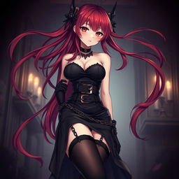 A mesmerizing gothic anime girl with long, flowing red hair cascading beautifully around her voluptuous figure