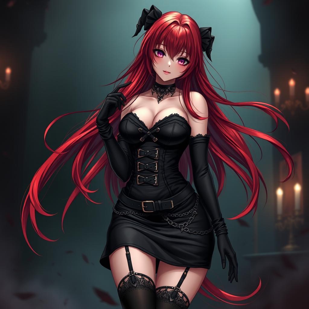 A mesmerizing gothic anime girl with long, flowing red hair cascading beautifully around her voluptuous figure