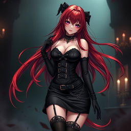 A mesmerizing gothic anime girl with long, flowing red hair cascading beautifully around her voluptuous figure