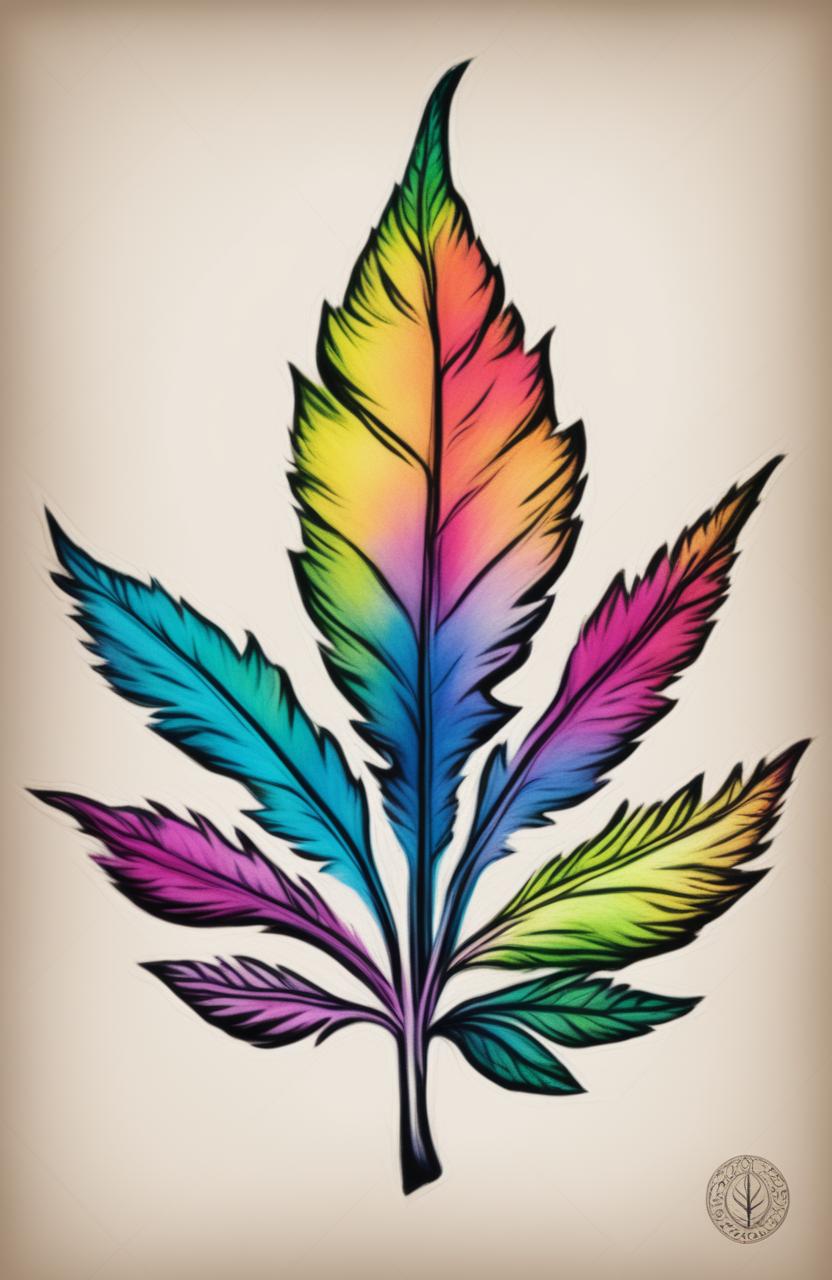 A high-quality image of a weed leaf, outlined in pencil and filled in with vivid crayon colors