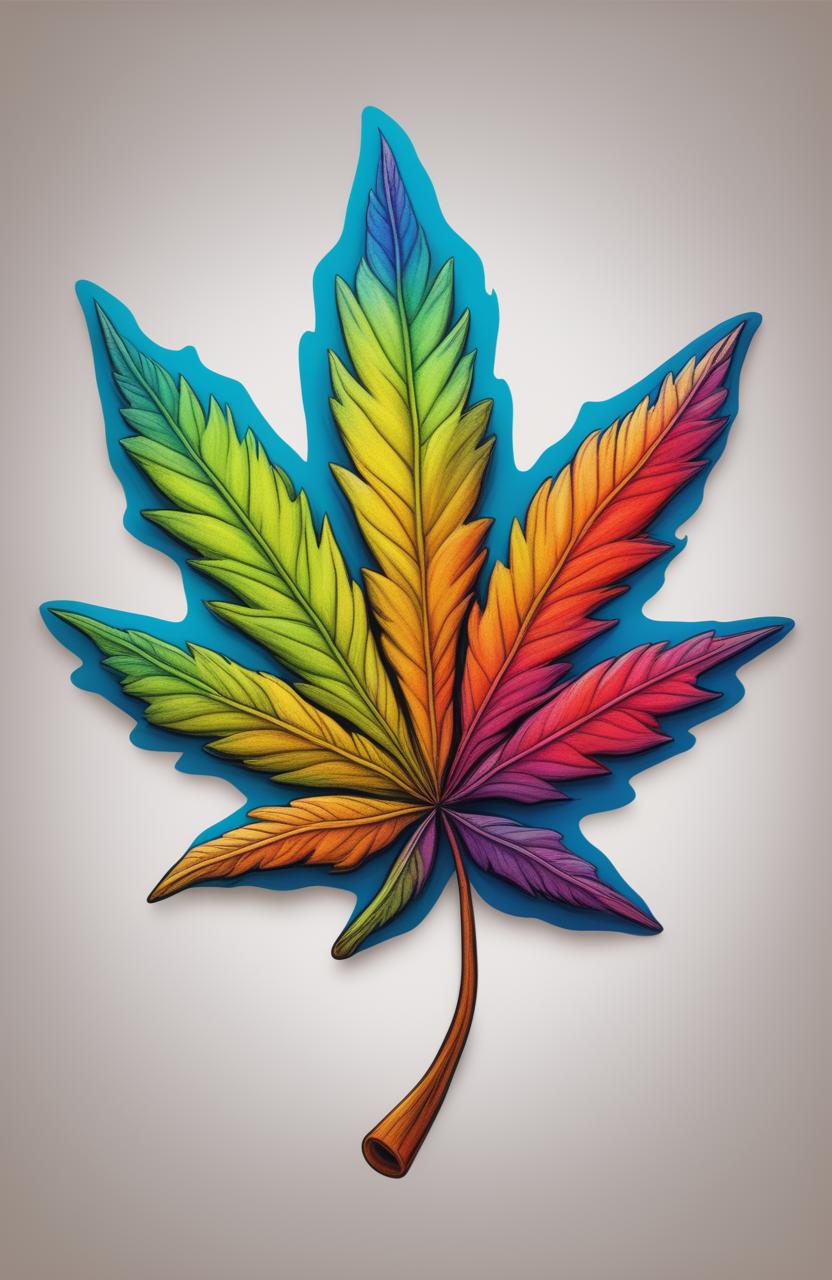 A high-quality image of a weed leaf, outlined in pencil and filled in with vivid crayon colors