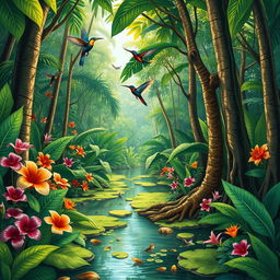A detailed illustration of a tropical rainforest, focusing on the swampy area with lush greenery and distinct flora and fauna