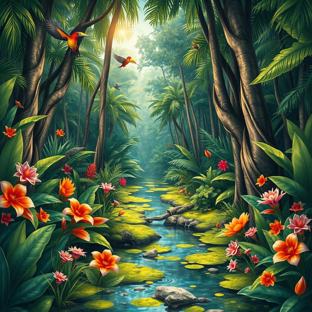 A detailed illustration of a tropical rainforest, focusing on the swampy area with lush greenery and distinct flora and fauna