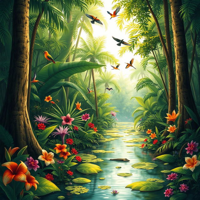 A detailed illustration of a tropical rainforest, focusing on the swampy area with lush greenery and distinct flora and fauna