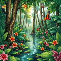 A detailed illustration of a tropical rainforest, focusing on the swampy area with lush greenery and distinct flora and fauna