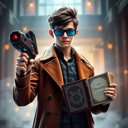 A handsome 19-year-old boy, wearing a stylish brown coat and 3D glasses