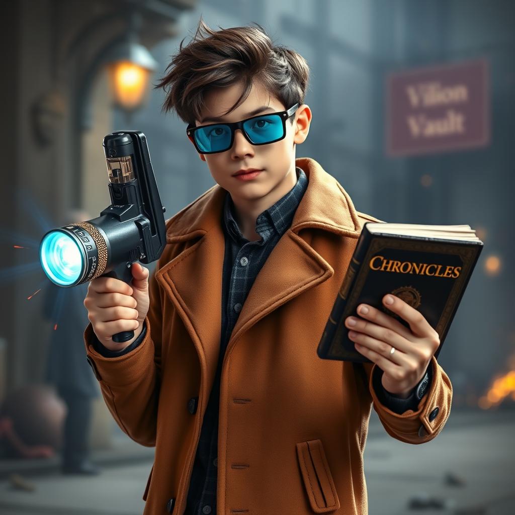 A handsome 19-year-old boy, wearing a stylish brown coat and 3D glasses