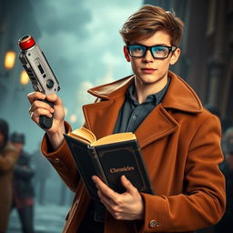 A handsome 19-year-old boy, wearing a stylish brown coat and 3D glasses