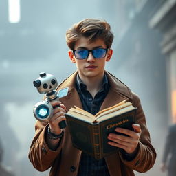 A handsome 19-year-old boy, wearing a stylish brown coat and 3D glasses