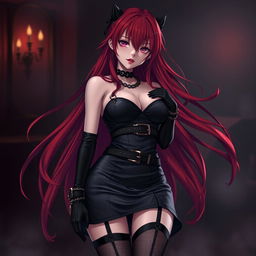 A striking gothic anime girl with long, flowing red hair that cascades around her voluptuous figure