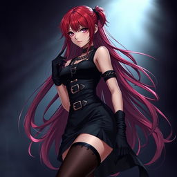 A striking gothic anime girl with long, flowing red hair that cascades around her voluptuous figure