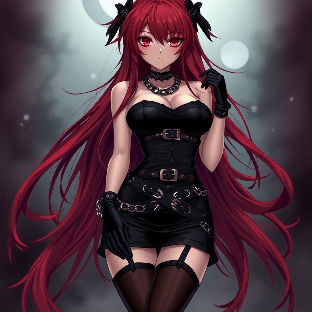 A striking gothic anime girl with long, flowing red hair that cascades around her voluptuous figure