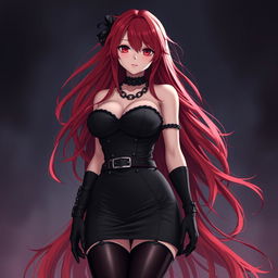 A striking gothic anime girl with long, flowing red hair that cascades around her voluptuous figure