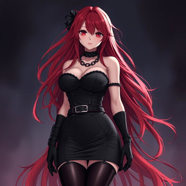 A striking gothic anime girl with long, flowing red hair that cascades around her voluptuous figure