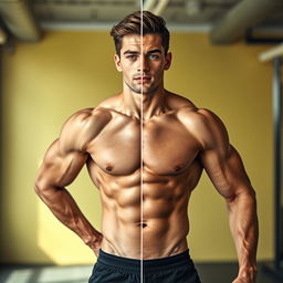 A digitally edited transformation of a male physique showcasing well-defined muscularity with prominent six-pack abs, an athletic frame with low body fat, contributing to a lean appearance