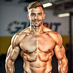 A digitally edited transformation of a male physique showcasing well-defined muscularity with prominent six-pack abs, an athletic frame with low body fat, contributing to a lean appearance