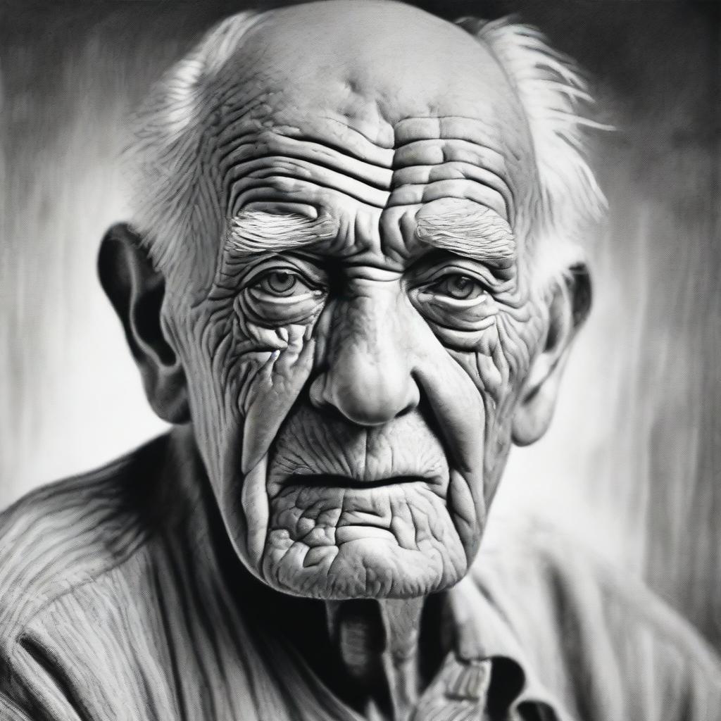 A black and white pencil sketch, meticulously crafted to portray an elderly man