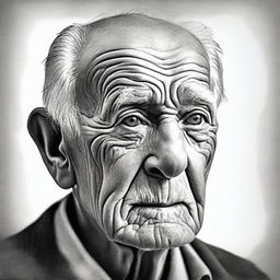 A black and white pencil sketch, meticulously crafted to portray an elderly man