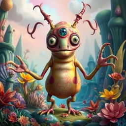 A fantastical creature with a large body, three eyes, an oval-shaped face, multiple arms, and long antennae
