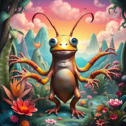 A fantastical creature with a large body, three eyes, an oval-shaped face, multiple arms, and long antennae