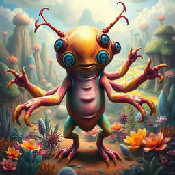 A fantastical creature with a large body, three eyes, an oval-shaped face, multiple arms, and long antennae