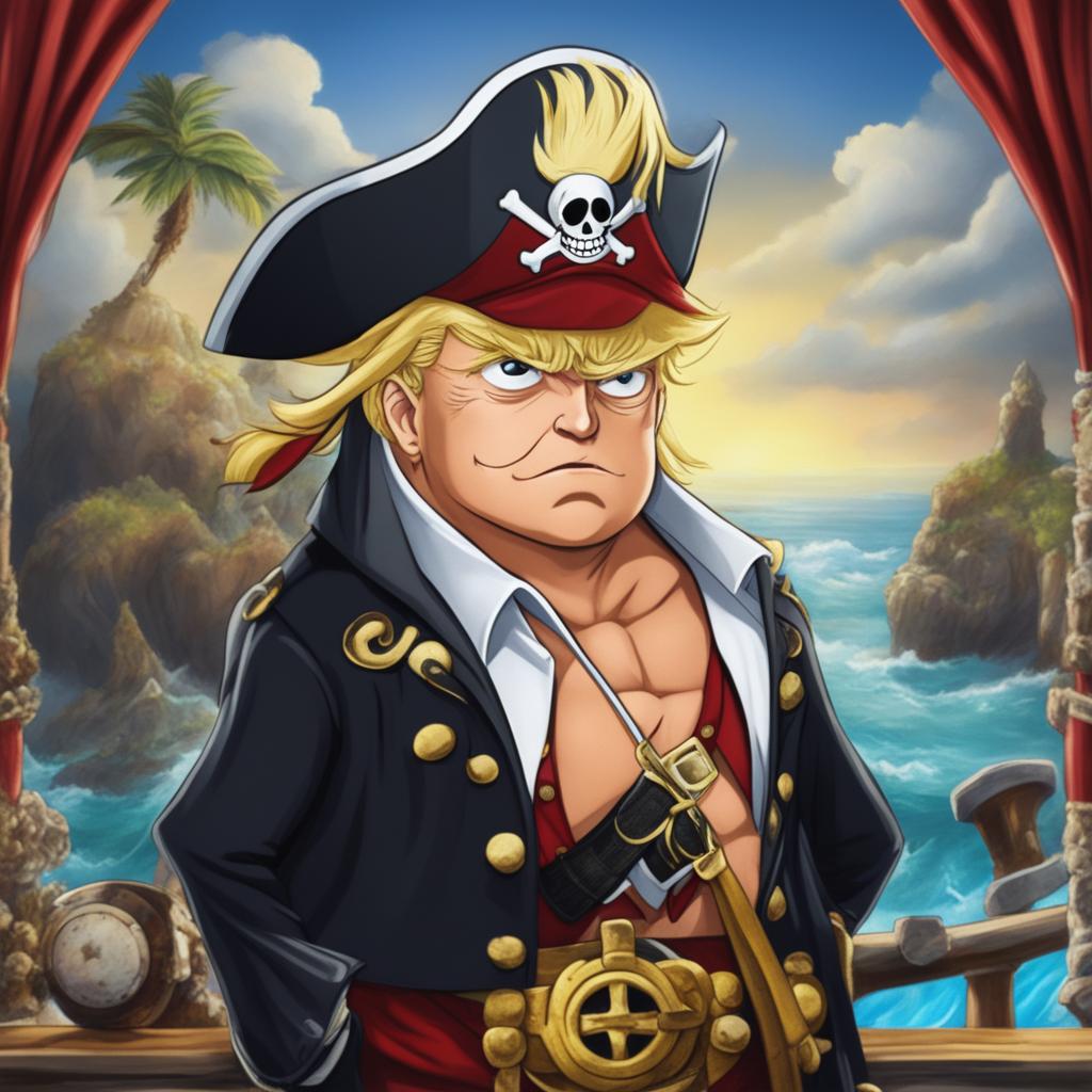 This is a high-quality digital art featuring Donald Trump depicted as a character from One Piece