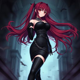 An enticing gothic anime girl featuring long, flowing red hair that accentuates her voluptuous form
