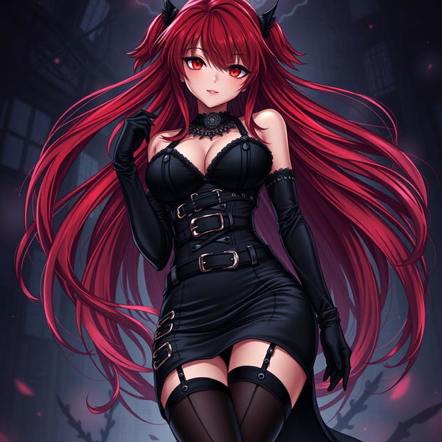 An enticing gothic anime girl featuring long, flowing red hair that accentuates her voluptuous form