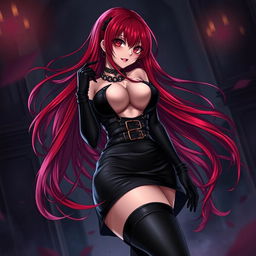 An enticing gothic anime girl featuring long, flowing red hair that accentuates her voluptuous form