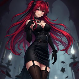 An enticing gothic anime girl featuring long, flowing red hair that accentuates her voluptuous form