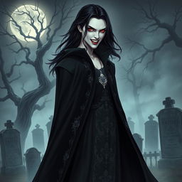 A striking vampire character design for the cover of a gothic novel, featuring a pale-skinned vampire with sharp fangs and piercing red eyes