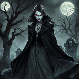 A striking vampire character design for the cover of a gothic novel, featuring a pale-skinned vampire with sharp fangs and piercing red eyes