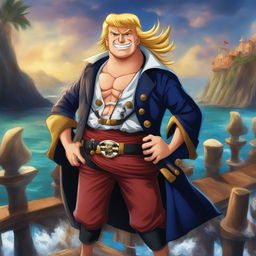 This is a high-quality digital art featuring Donald Trump depicted as a character from One Piece