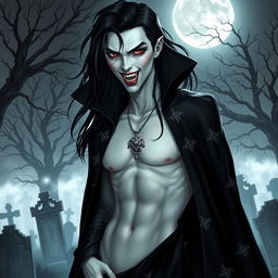 A striking vampire character design for the cover of a gothic novel, featuring a pale-skinned vampire with sharp fangs and piercing red eyes