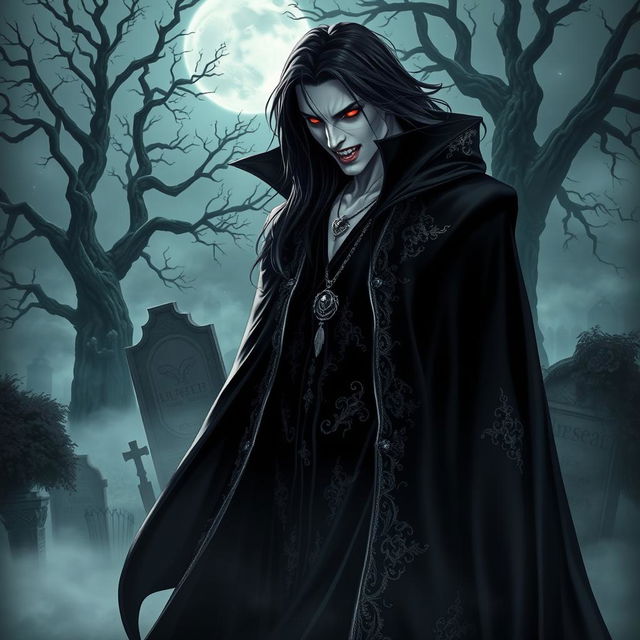 A striking vampire character design for the cover of a gothic novel, featuring a pale-skinned vampire with sharp fangs and piercing red eyes