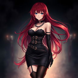 An alluring gothic anime girl with stunning long red hair that flows elegantly around her curvy figure