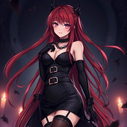 An alluring gothic anime girl with stunning long red hair that flows elegantly around her curvy figure