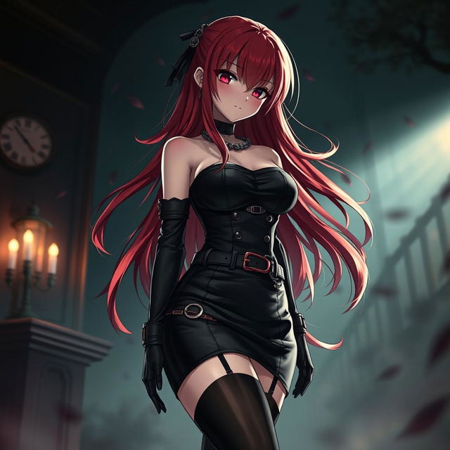 An alluring gothic anime girl with stunning long red hair that flows elegantly around her curvy figure